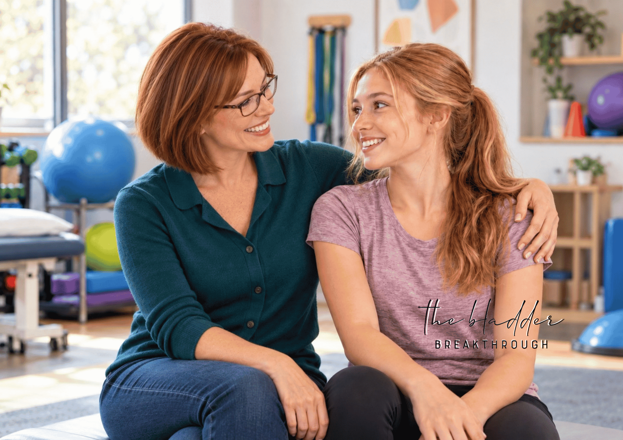 Illustrative image of a mother with glasses embracing her smiling teenage daughter in a pediatric therapy clinic, with The Bladder Breakthrough™ logo.